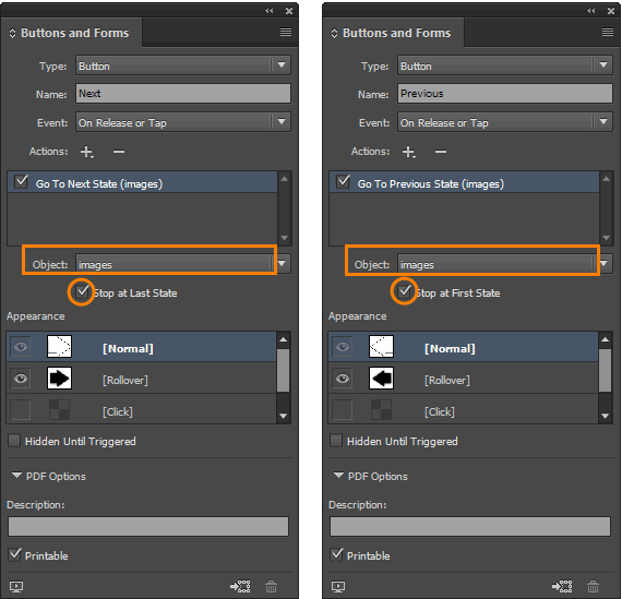 Settings for Next and Previous Buttons